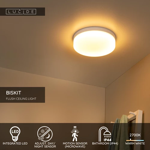 Lucide BISKIT - Flush ceiling light Bathroom - Ø 28 cm - LED - 1x18W 2700K - IP44 - Motion Sensor - White - USP